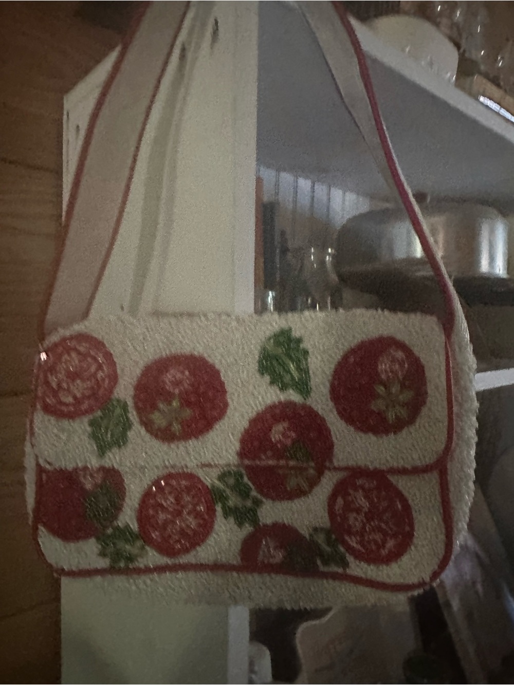 Viral Beaded Tomato Bag Cream Beaded Crossbody Bag with Red Floral Accents